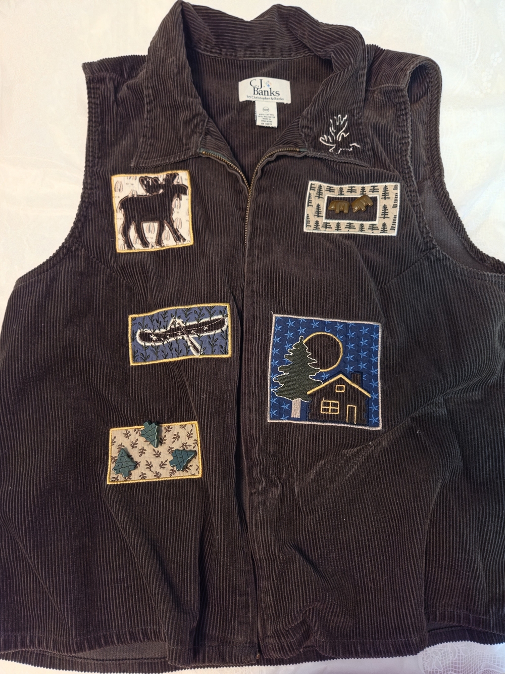 Christopher & Banks Brown Corduroy Vest with Nature Patchwork